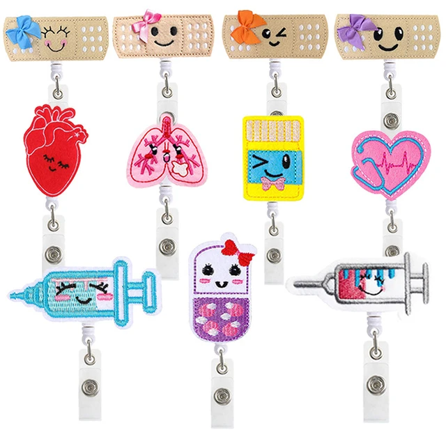 1PCS Nurses Doctors Name Badge Reel ID Holders Chest Tag Clip Flet  Embroidery Retractable Syringe Heart Work Pass Card Clip Reel