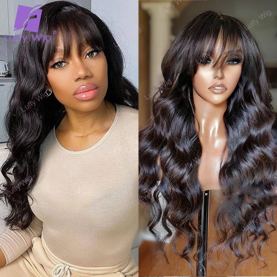 

Wavy Wig With Bangs Brazilian Remy Fake Scalp Top Human Hair Bang Wigs Full 200 Density Glueless Wigs For Black Women Luffy