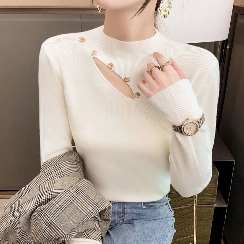 

Casual Slim Clothes Fashion Hollow White Sweater Women Korean Solid Knitted Tops Autumn Winter Half High Collar Pullovers 28524