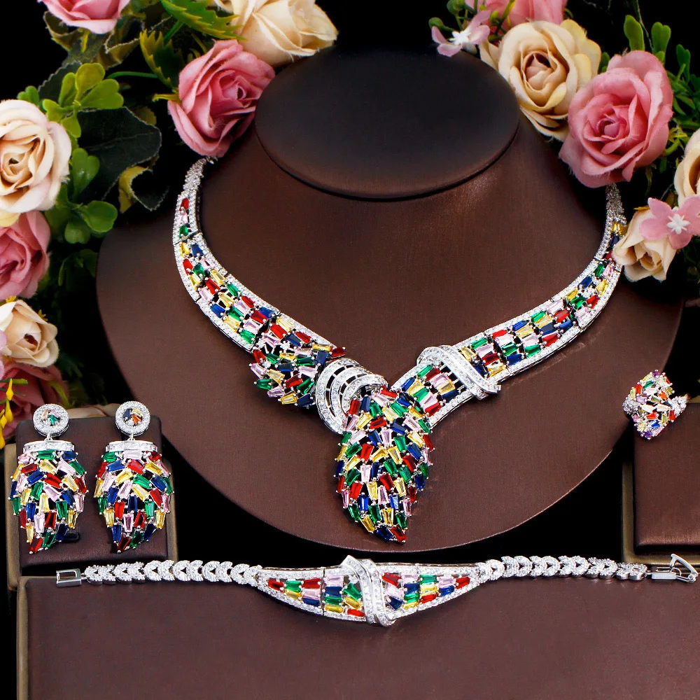 

2023 new fashion vintage colorful water drop CZ zircon necklace earring bracelet ring wedding bride Banquet dressing jewelry set