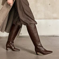 Women's genuine leather 5.5cm thin high heel square toe slip-on autumn knee high knight boots elegant ladies long boots shoes - Image 2