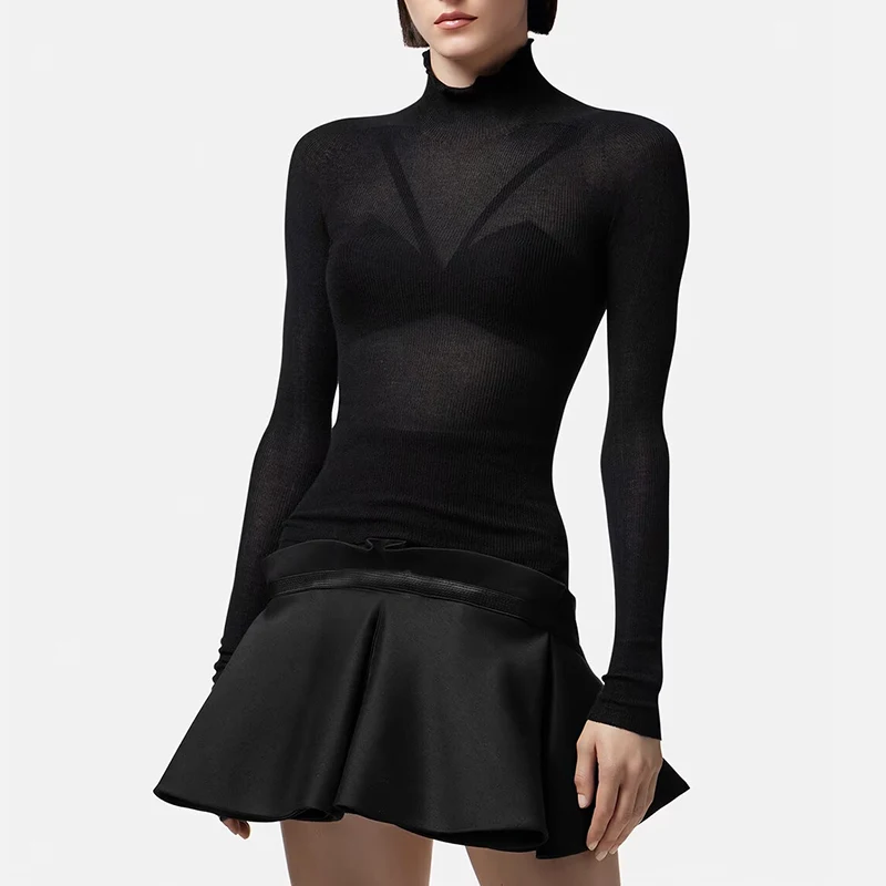 

Metallic decorative wool small high neck knitted sweater sexy slightly see-through elastic Slim hundred black women's sweater