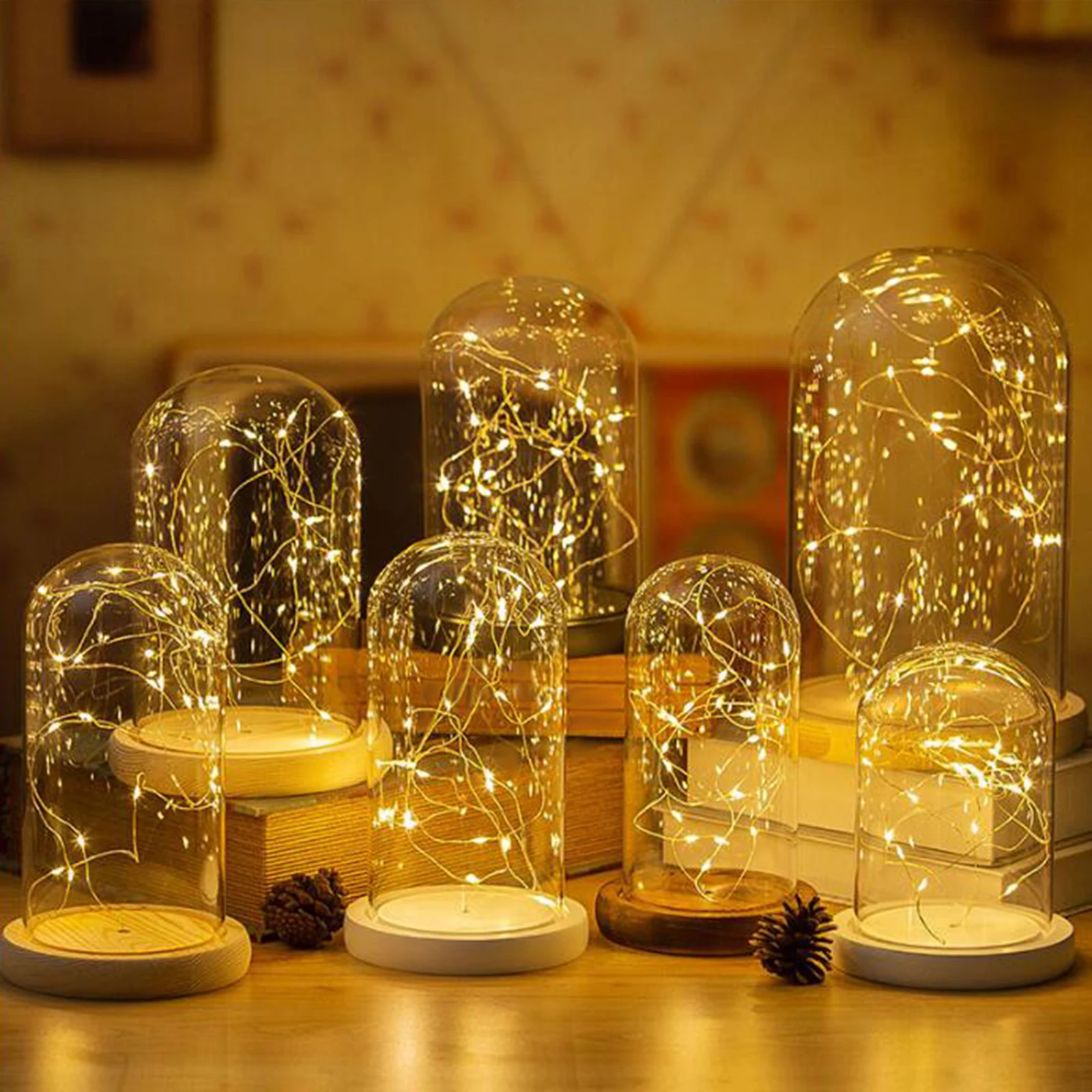 Glass Display Dome Cloche Bell Jar with Wooden Base Round for Dining Table Nightstands Home Decor