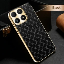 Retro Grid Pattern Leather Phone Case with Gold Plating Frame - Moto G96 (Black)