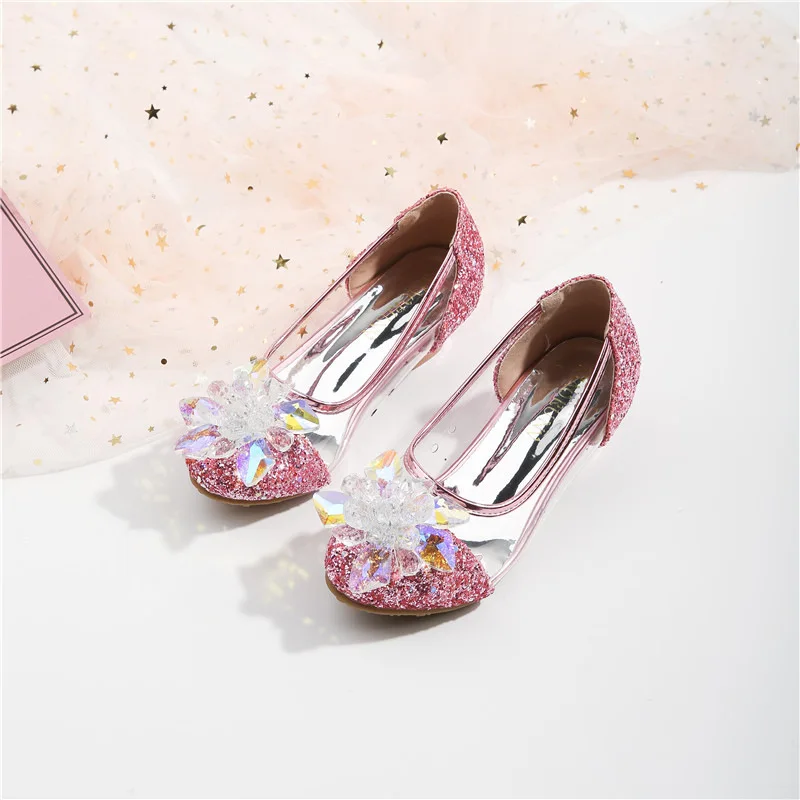 Fantasia Princess Shoes for Girls leather Sandal Summer Children's Shiny Snow Queen Fairy Party High Heels Leather Crystal Shoes 6