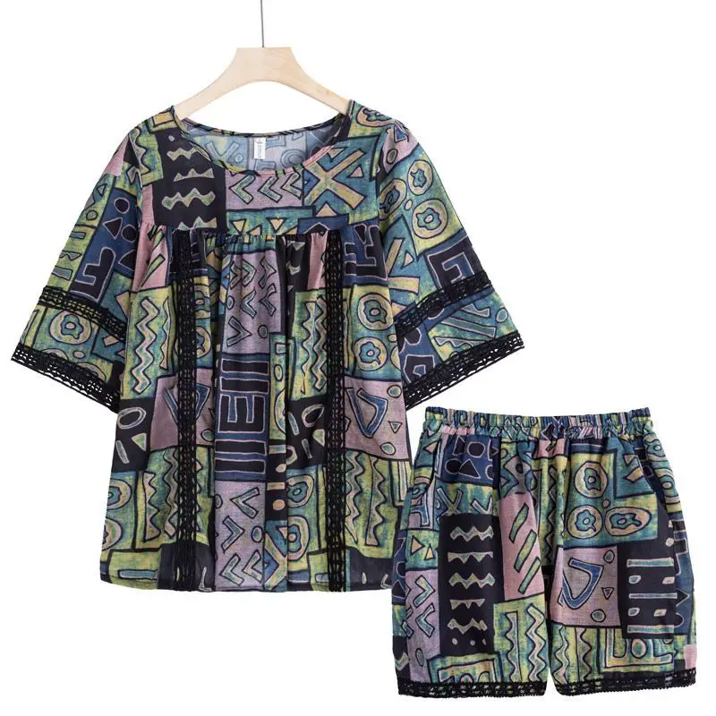 Elegant Fashion Harajuku Slim Fit Female Clothes Loose Sport All Match Casual Shorts Printed Lace Patchwork Short Sleeve Sets