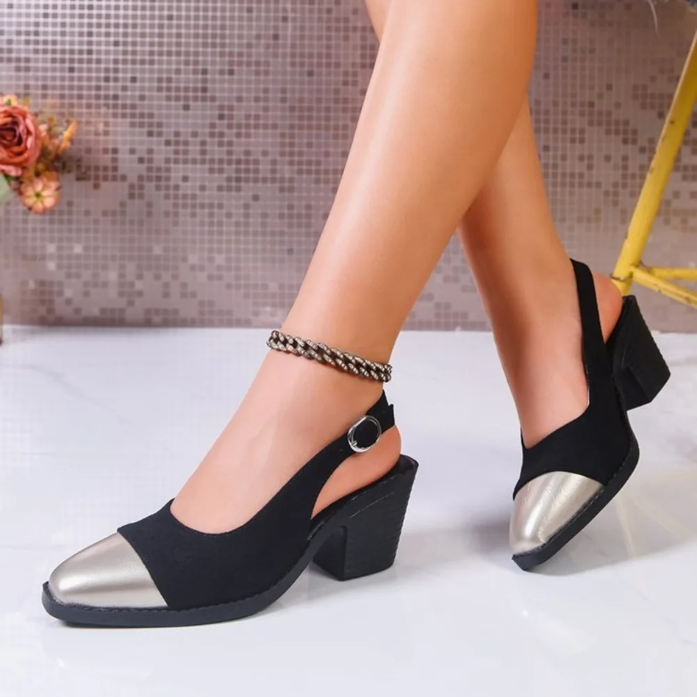 Women Square Head High Heels Summer New Fashion Brand Designer PU Leather Outdoor Slip-On Casual Office Women Sandals Zapatos