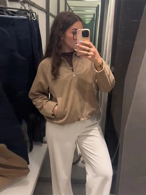 Elegant Solid Suede Coats Women Turn-down Collar Full Sleeve Zipper Pocket Jackets 2025 Autumn Female Fashion Outerwear 6