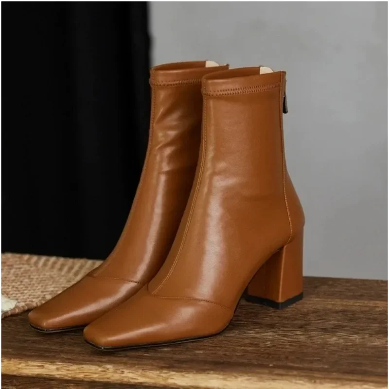 New 2023 Leather Women's Boot Back Zipper Square High Heels Solid Pointed Toe Shoes Party Ankle Boot Black White Brown
