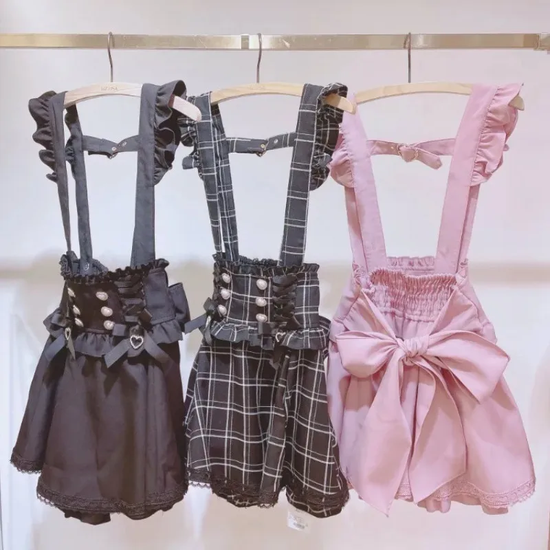 Japanese Gothic Lolita Ribbon Short Suspender plaid Skirt Girls Sweet Cute Lace A-Line Mini Skirts summer2024 black solid kawaii 2