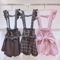 Japanese Gothic Lolita Ribbon Short Suspender plaid Skirt Girls Sweet Cute Lace A-Line Mini Skirts summer2024 black solid kawaii 2
