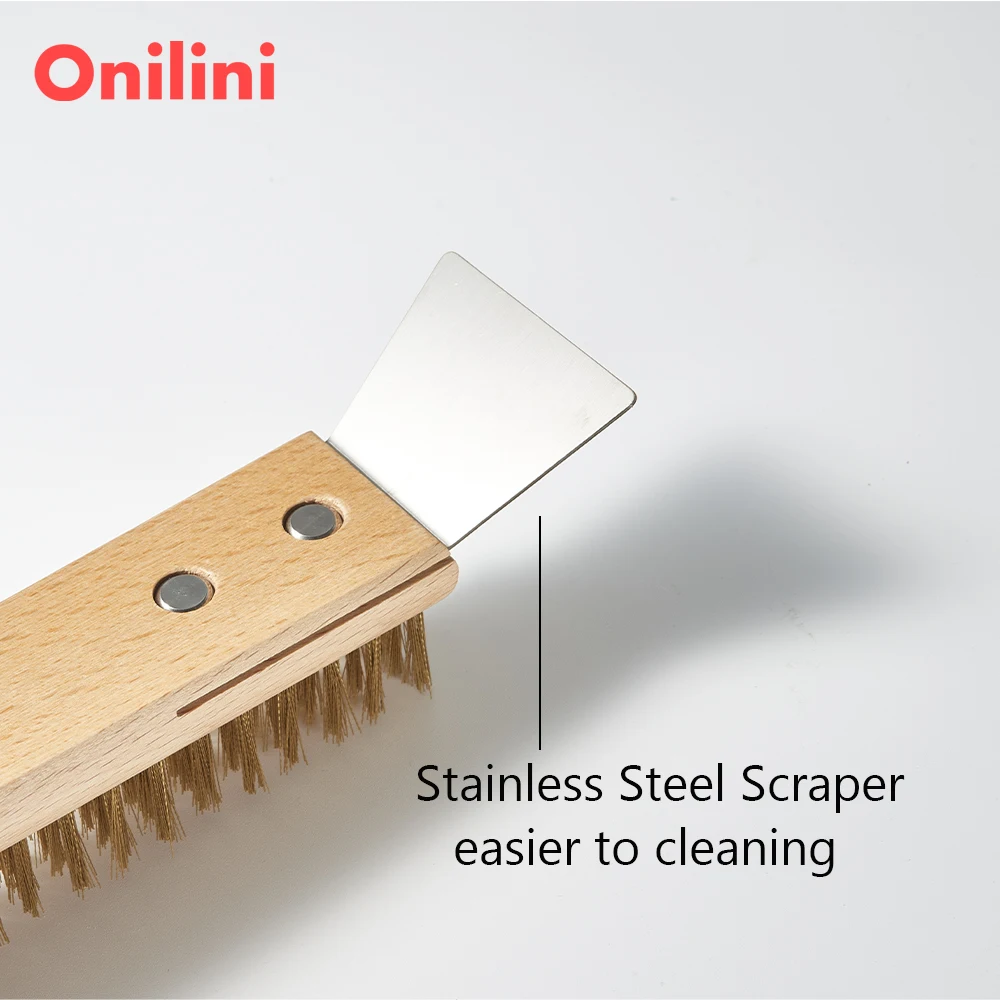 Onilini Pizza Oven Copper Brush with Scraper Household Grill Brass Cleaning Brush Wood Handle Roccbox Onni Koda Oven Cleaner