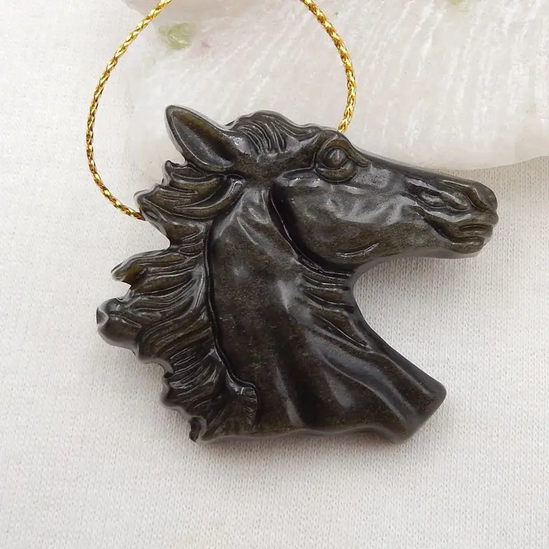 Semiprecious Natural Stones Gold Obsidian Carved Horse Head Pendant Bead 42x39x9mm 21g Fashion Jewelry Necklace Accessories