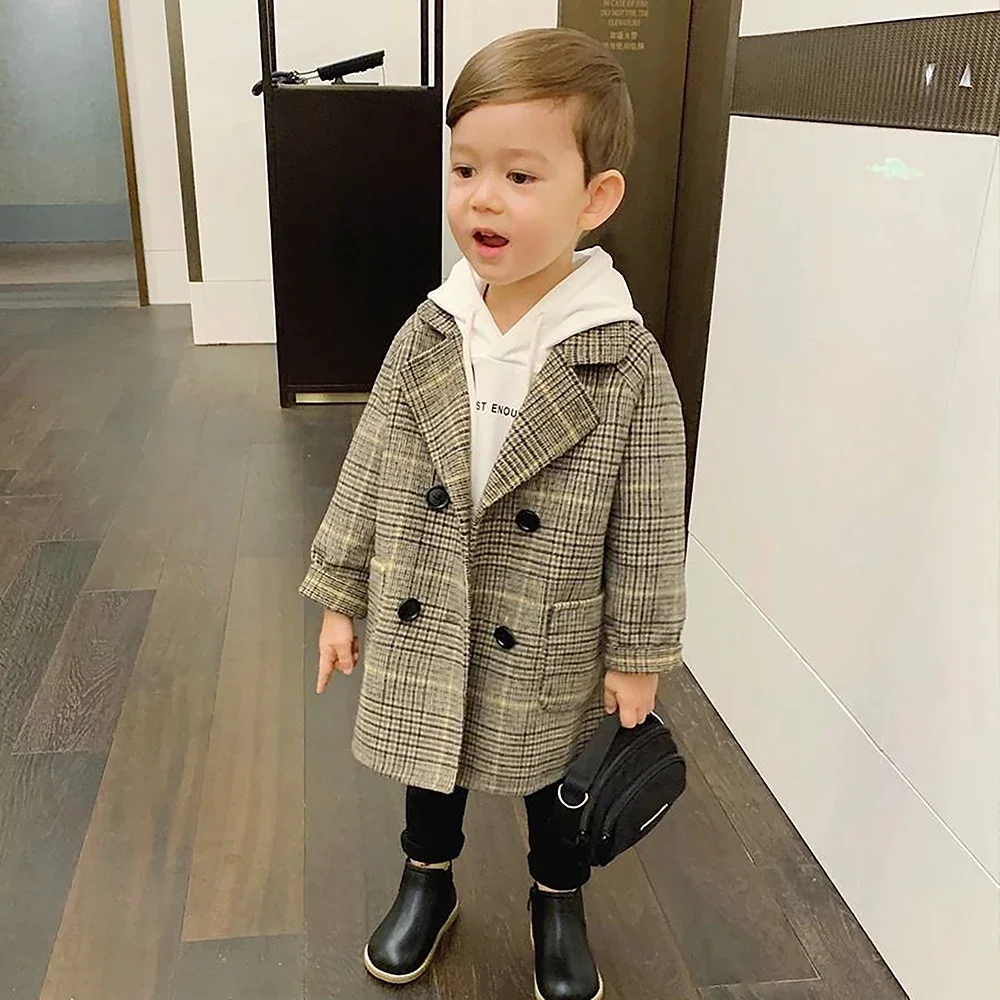 2-6-year-old Children's Korean Autumn and Winter Coat Wool Jacket Long Double Breasted Warm Flip Collar Pocket Jacket girls winter coat