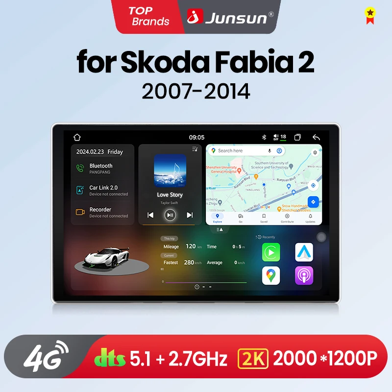 Junsun v3 plus 2k kabelloses carplay android auto auto intelligente systeme für skoda fabia 2 2007-2014 autoradio