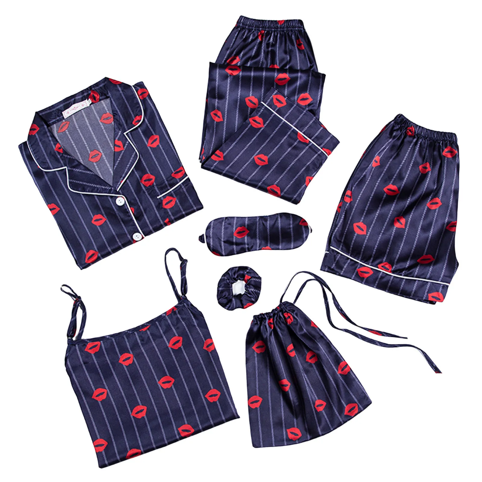 

Womens Seven Piece Set Long Sleeve Shorts Suspender Homewear Set Pajamas Postpartum Going Home Outfit