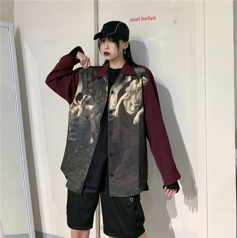 빈티지 엔젤 프린트 블라우스 셔츠 일본 streetwear 블라우스 카디건 긴 소매 오버 사이즈 탑 여성 남성 의류 y2k 셔츠