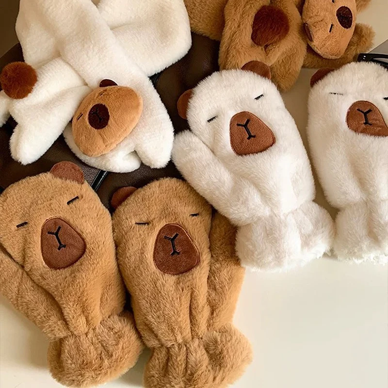 Cute Capybara Plush Scarf Cold-proof Warm Glove Scarf Sweet Windproof Thickened Cross Neck Glove Fashion Accessories Girl Gift