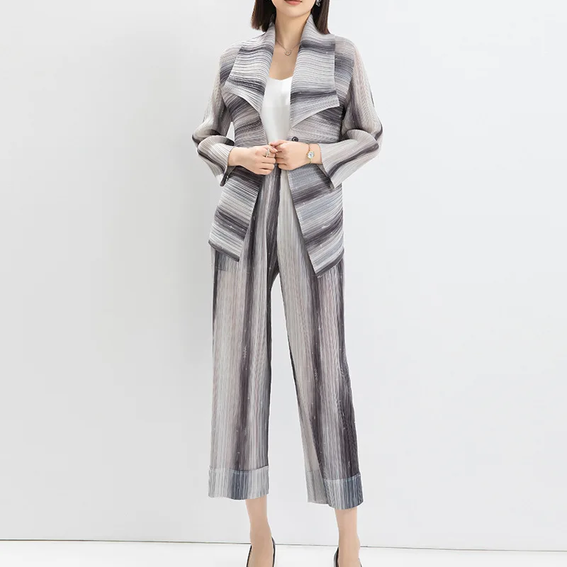 Miyake Pleated 2024 Spring New Fashion Casual Suit Women's Striped Print Large Lapel Top High Waist Straight Pants Two-piece Set