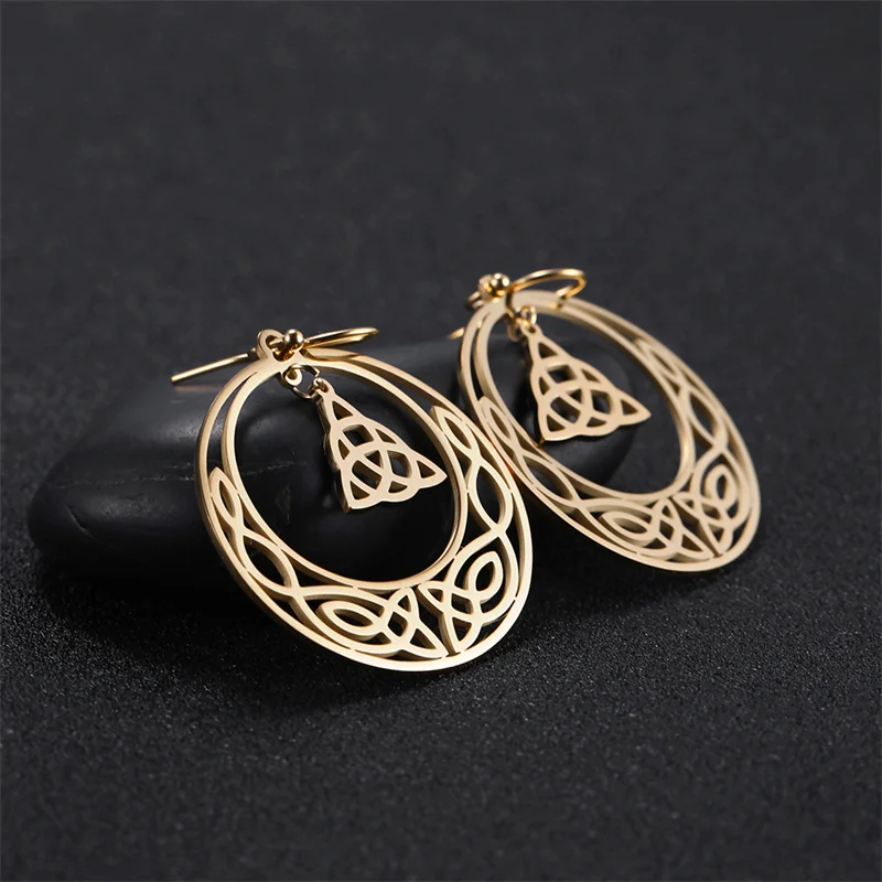 Vintage Irish Celtics Knoten-Ohrringe für Damen, Edelstahl, goldfarben, Mond, Stern, Creolen, Wicca, Wikinger-Schmuck, 2023, Trend – Detail 39