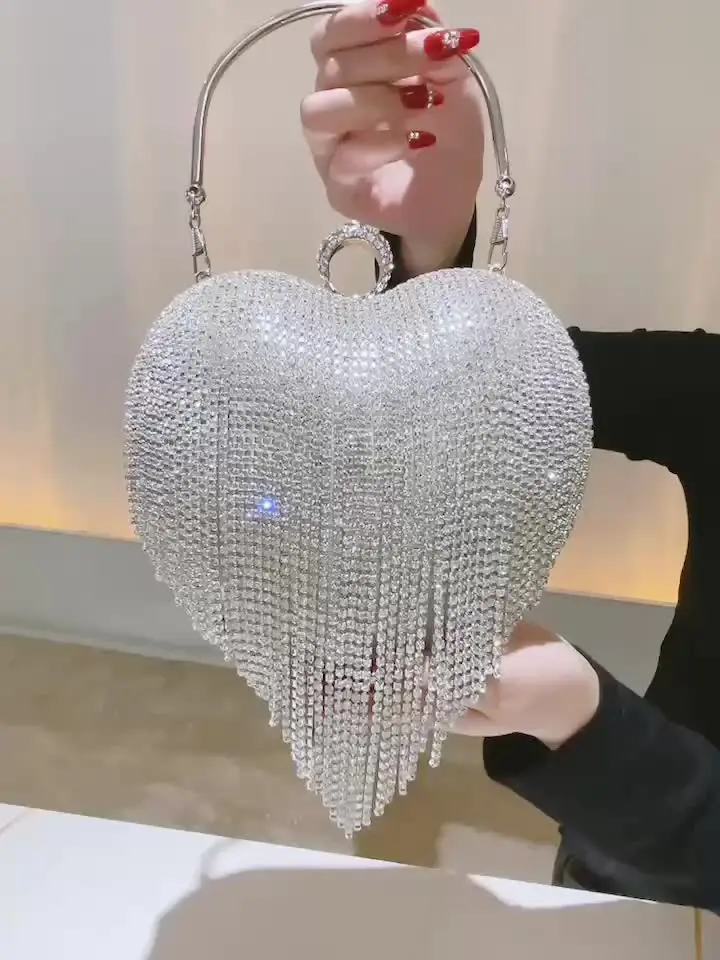 Pochette Donna A Forma Di Cuore Con Strass - Mini Borsa Da Sera Glitterata Per Matrimoni, Balli, Cocktail E Feste - Due Taglie, Con Tracolla Catena