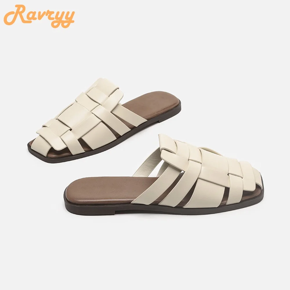 2024 Spring Summer New Cover Toe Slides Outer Wear Slippers Casual Weave Flat Bottom Non slip Sandals Women