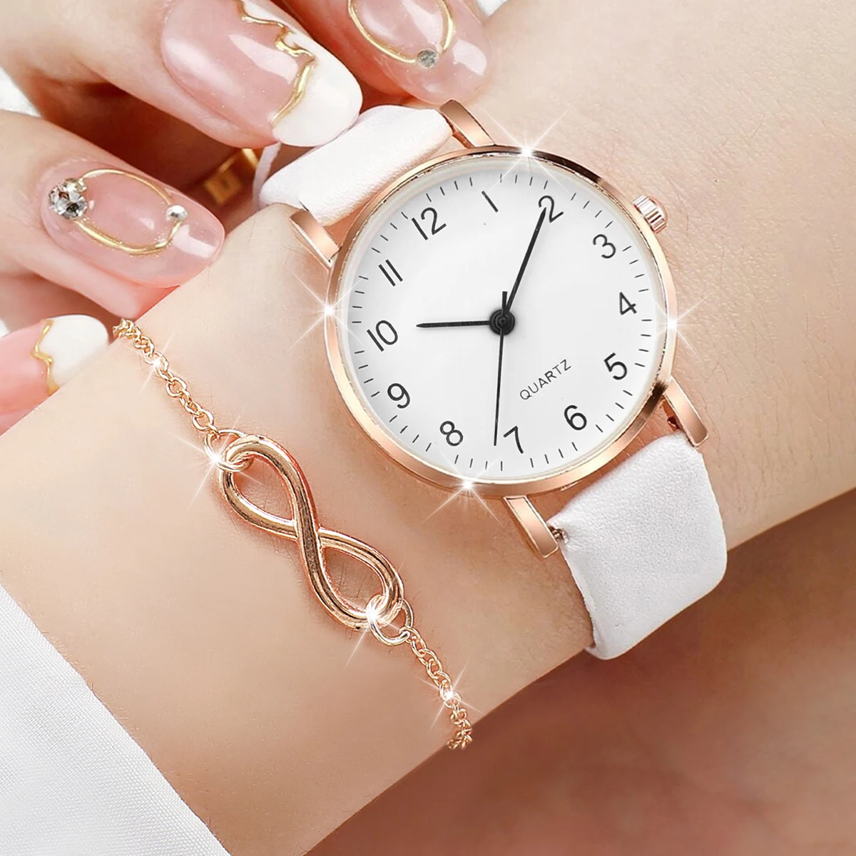 3pcs/set Women Leather Simple Quartz Watch with Number 8 Bracelet Necklace Set 3