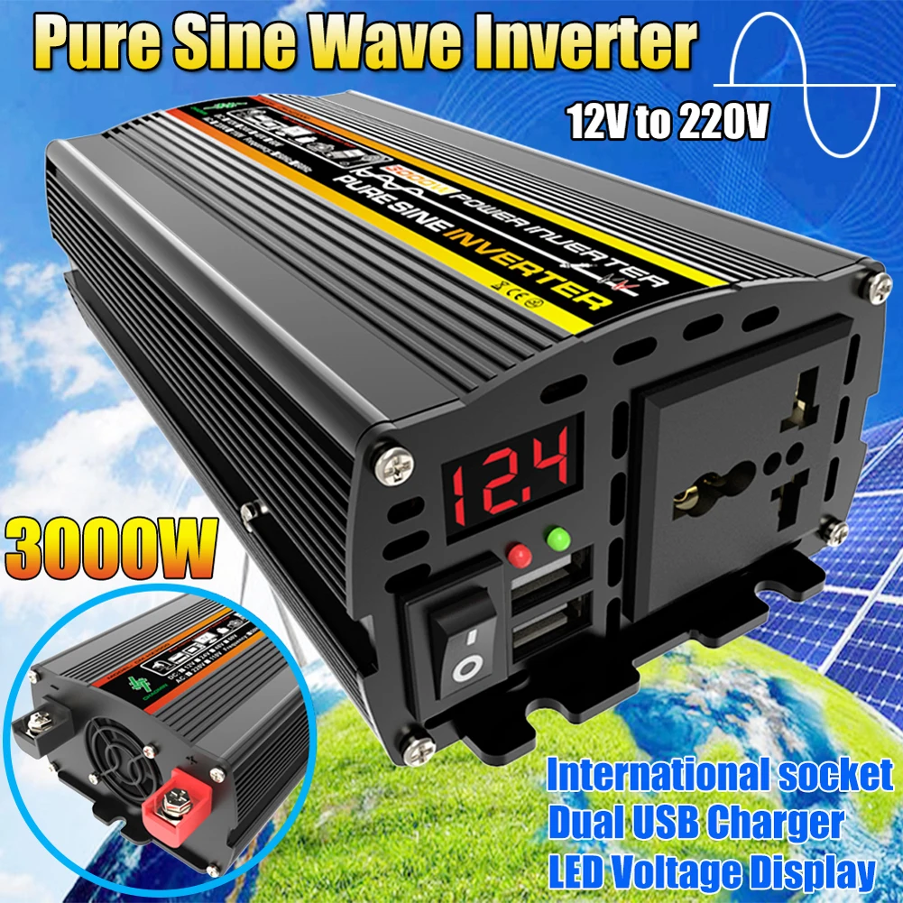 3000/4000/6000/8000W Car Inverter Pure Sine Wave Vehicle Smart Inverter DC 12V To AC 220V Voltage Converter Pure Sinus Transform