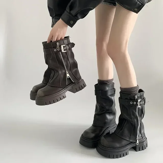 2025 Winter Women Biker Boots Fashion Belt Buckle Ladies Elegant Platform Long Pipe Booties Casual Women's Knee High Booties