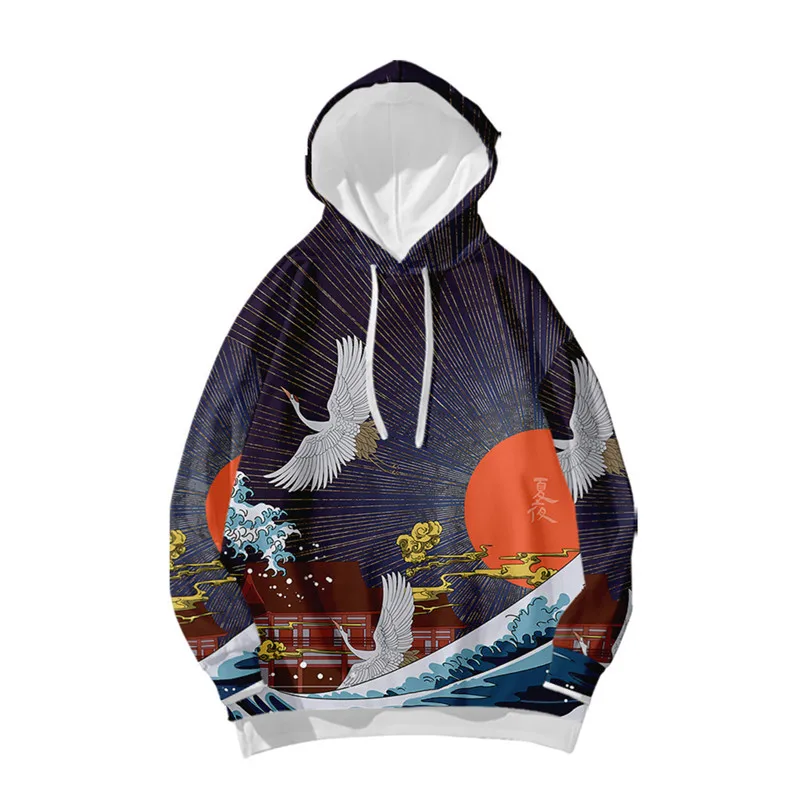 

Harajuku Crane Print Hoodie Sweatshirt Autumn Japanese Casual Oversized Hooded Hoodie Hip Hop Pullover Women Men Clothing