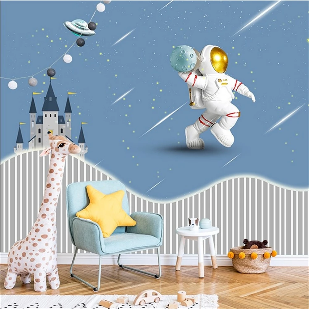 Custom Spacecraft Wallpaper for Children's Room Boy's Room Cartoon Rocket art Wall paper home decor Kindergarten TV Background