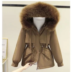 Gidyq Korean Women Thick Warm Parkas Fashion Fur Hooded Puffty Jacket Winter Casual Female Streetwear Drawstring Loose Down Coat