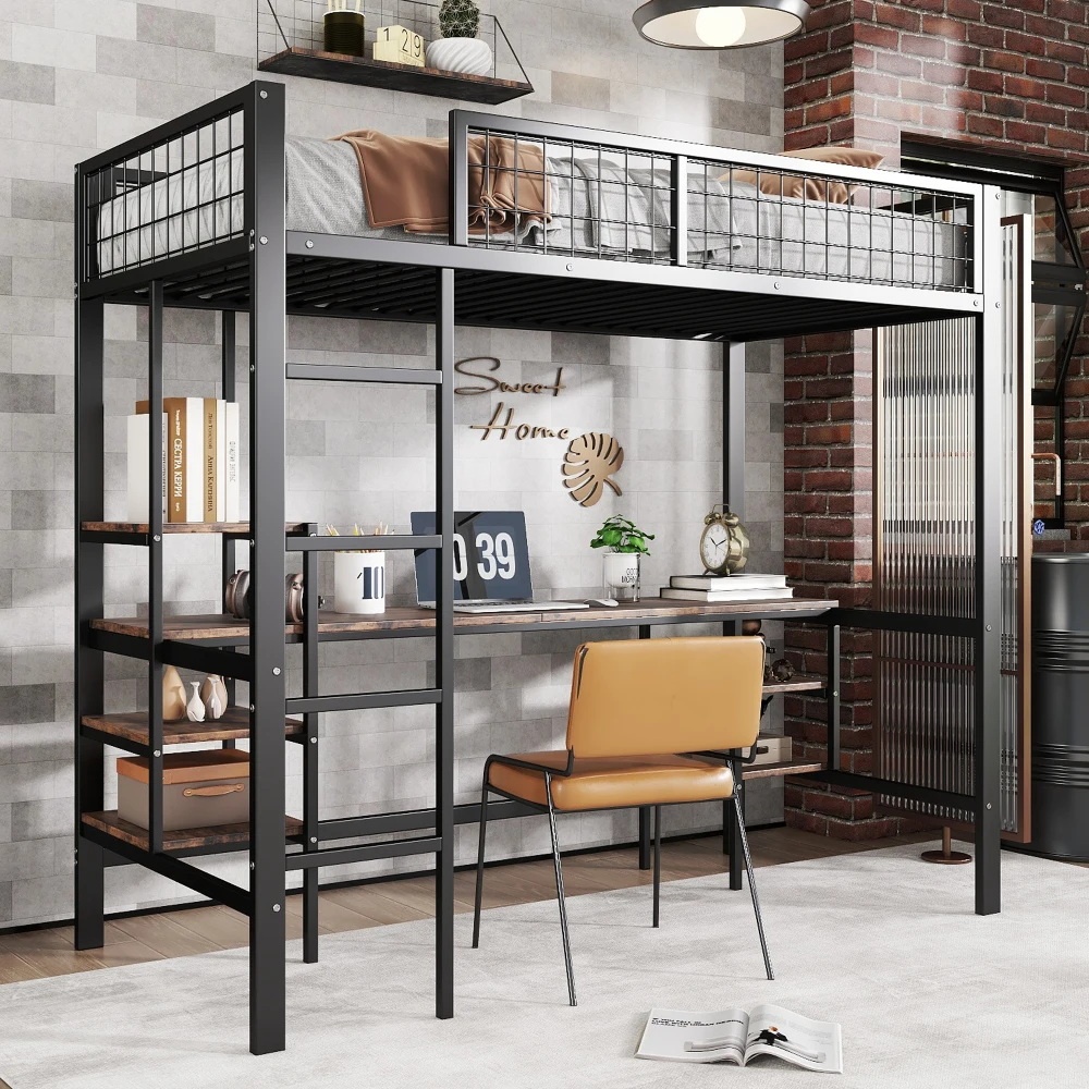 Multifunktionales 90x200cm Robustes Etagenbett aus Eisen und Spanplatte mit Tisch & Regal, 4-stufige Sicherheitsleiter für Kinder und Jugendliche für Zuhause und Wohnheim – Detail 2