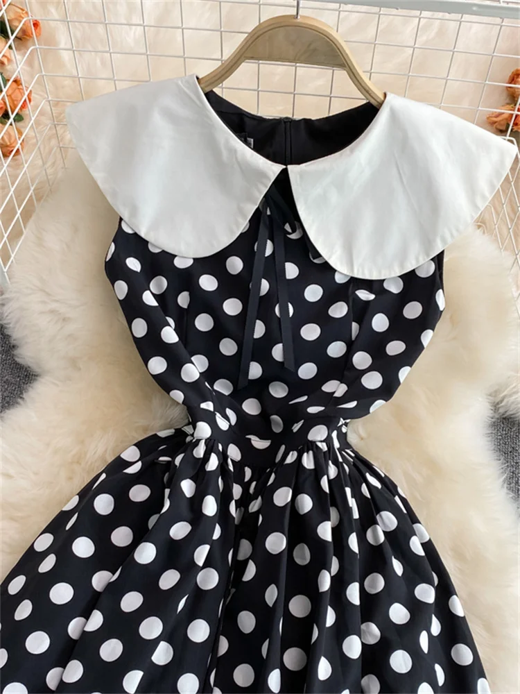 Summer New Vintage Hepburn style Slim Polka Dot Print Mid-length