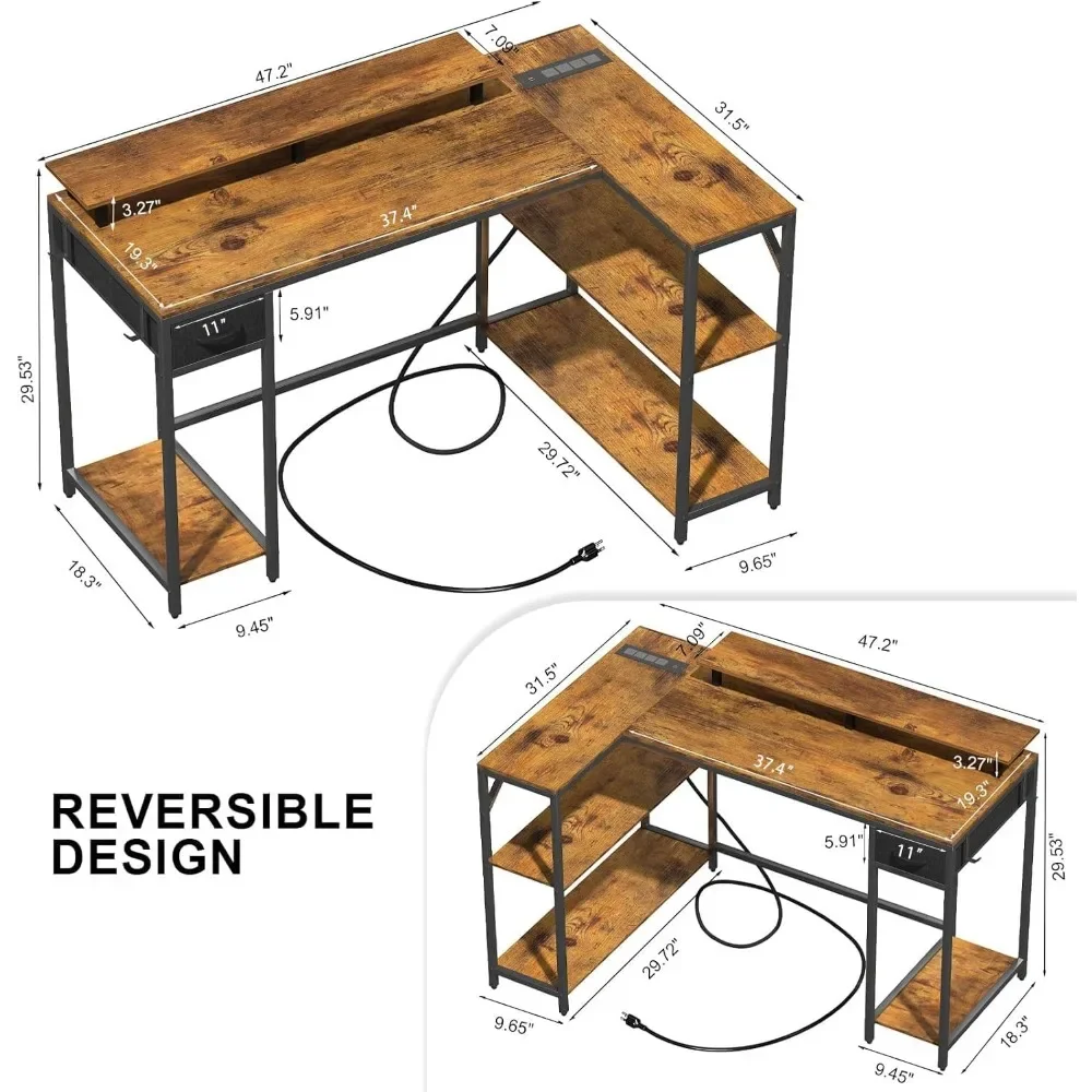 New2025-47" L Shaped Computer Desk with LED Light and Power Outlet, Reversible L Shaped Desk with Monitor Stand and Drawer, Gami
