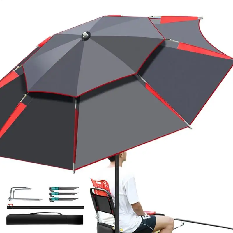 Parapluie pêche robuste double toit rond déporté grand format ombre soleil terrasse pêche ronde
