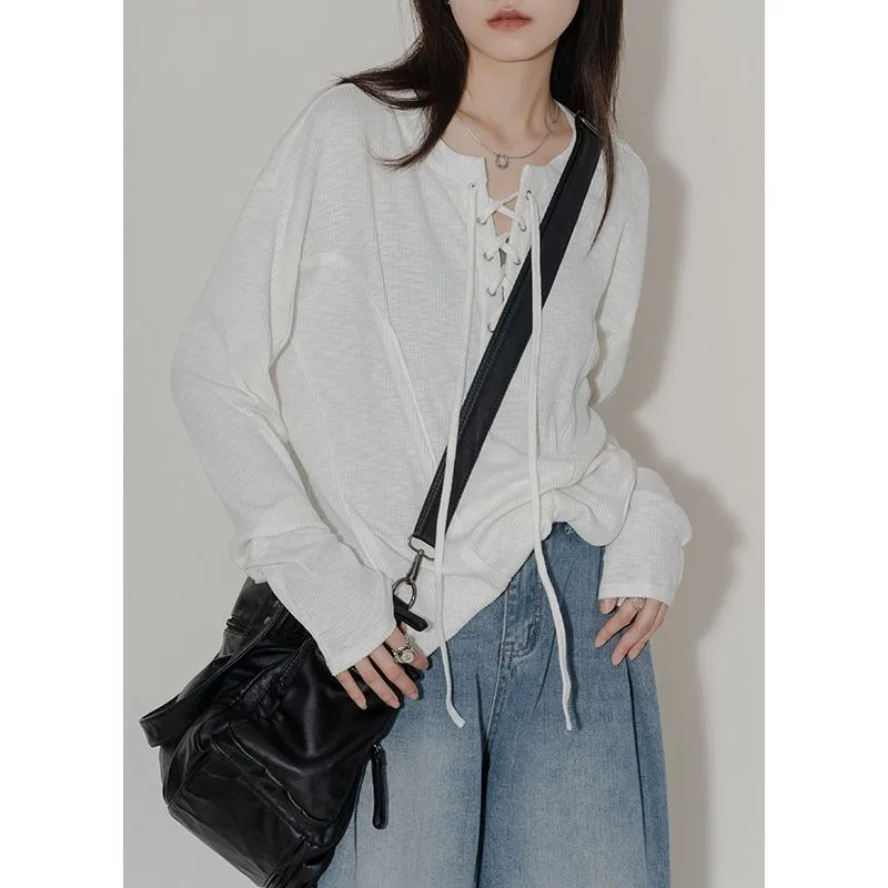 

Футболка женская со шнуровкой, модный слегка прозрачный топ в Корейском стиле, свободная уличная одежда в стиле Харадзюку, весна-осень