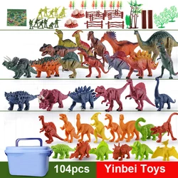 Juguetes de dinosaurios de 104 piezas con 104 figuras de dinosaurios realistas, estera de juego de actividades y árboles para crear un mundo de dinosaurios t rex Triceratops