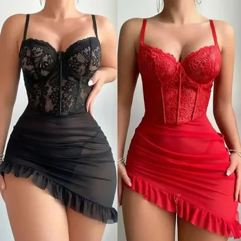 Lingerie féerique Sexy, soutien-gorge à armatures Transparent, ensemble érotique pour femmes, chemise de nuit en dentelle transparente, pyjama, ensembles de nuit délicats et Sexy