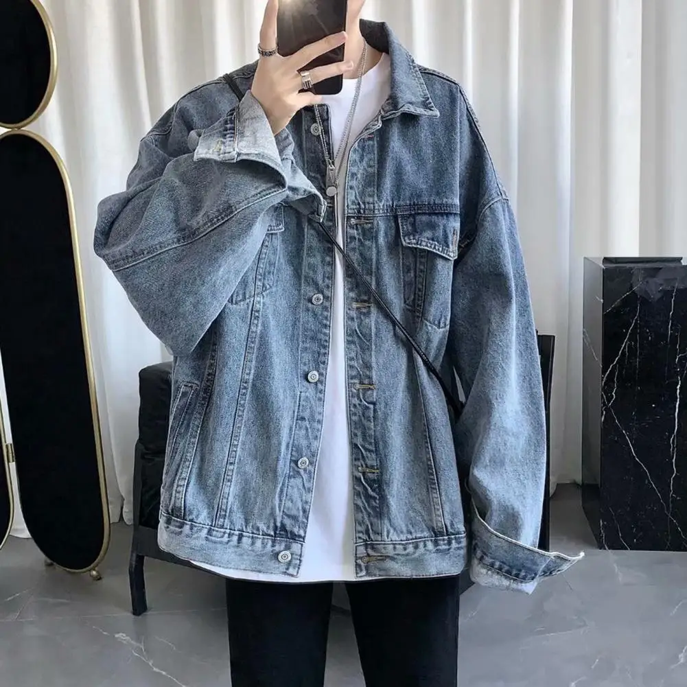 

Hop Style Men Coat Retro Hop Style Denim Jacket with Multi Pockets Lapel for Men Streetwear Coat Plus Size Single-breasted Long