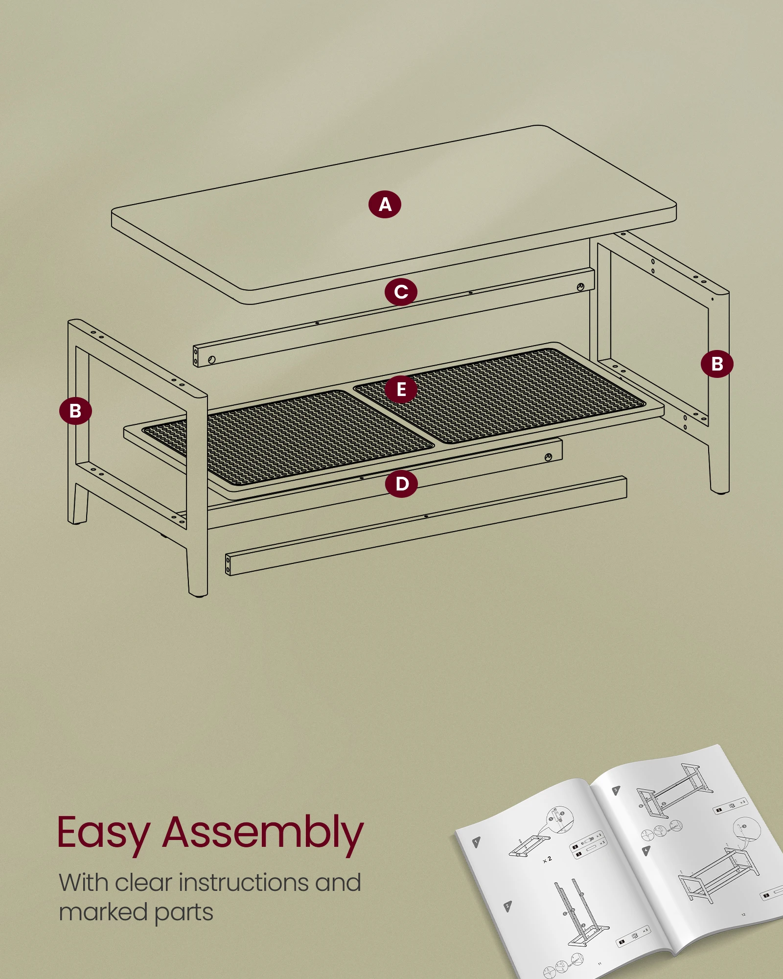 VASAGLE 2-Tier Coffee Table for Living Room, Living Room Table Rectangular Center Table, with PVC Rattan Storage Shelf 6