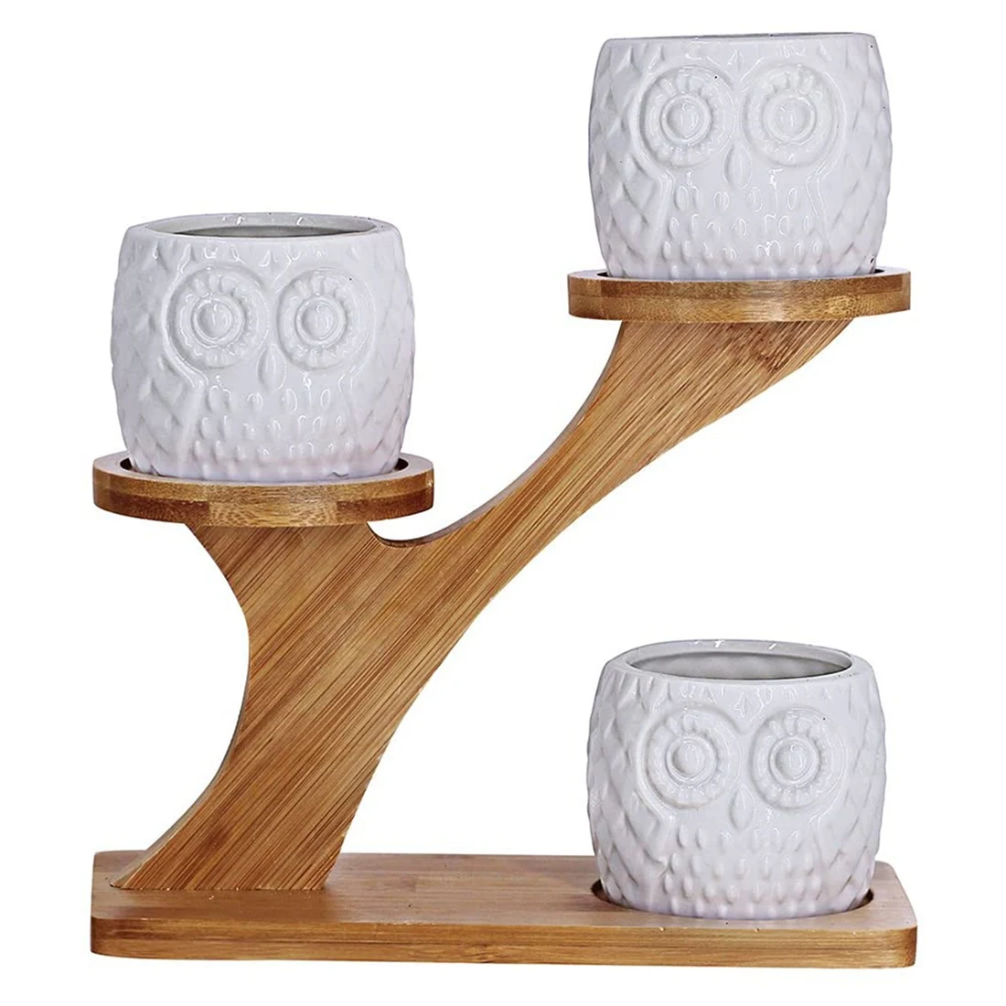 

Big Deal 3 Pieces Of Owl Succulent Flower Pot With 3-Layer Bamboo Dish Holder-White Modern Decorative Ceramic Flower Pot