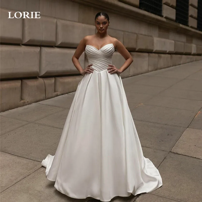 

LORIE Strapless Wedding Dresses A Line Satin Pleats Bride Dress Sexy V Neck Sleeveless Floor Length Wedding Gowns 2024