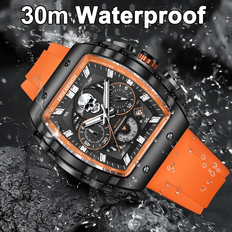 LIGE Fashion Silicone Men\'s Watches Skeleton Skull Big Dial Military Watch Men Chronograph Quartz Wrist Watch for Men Date Clock