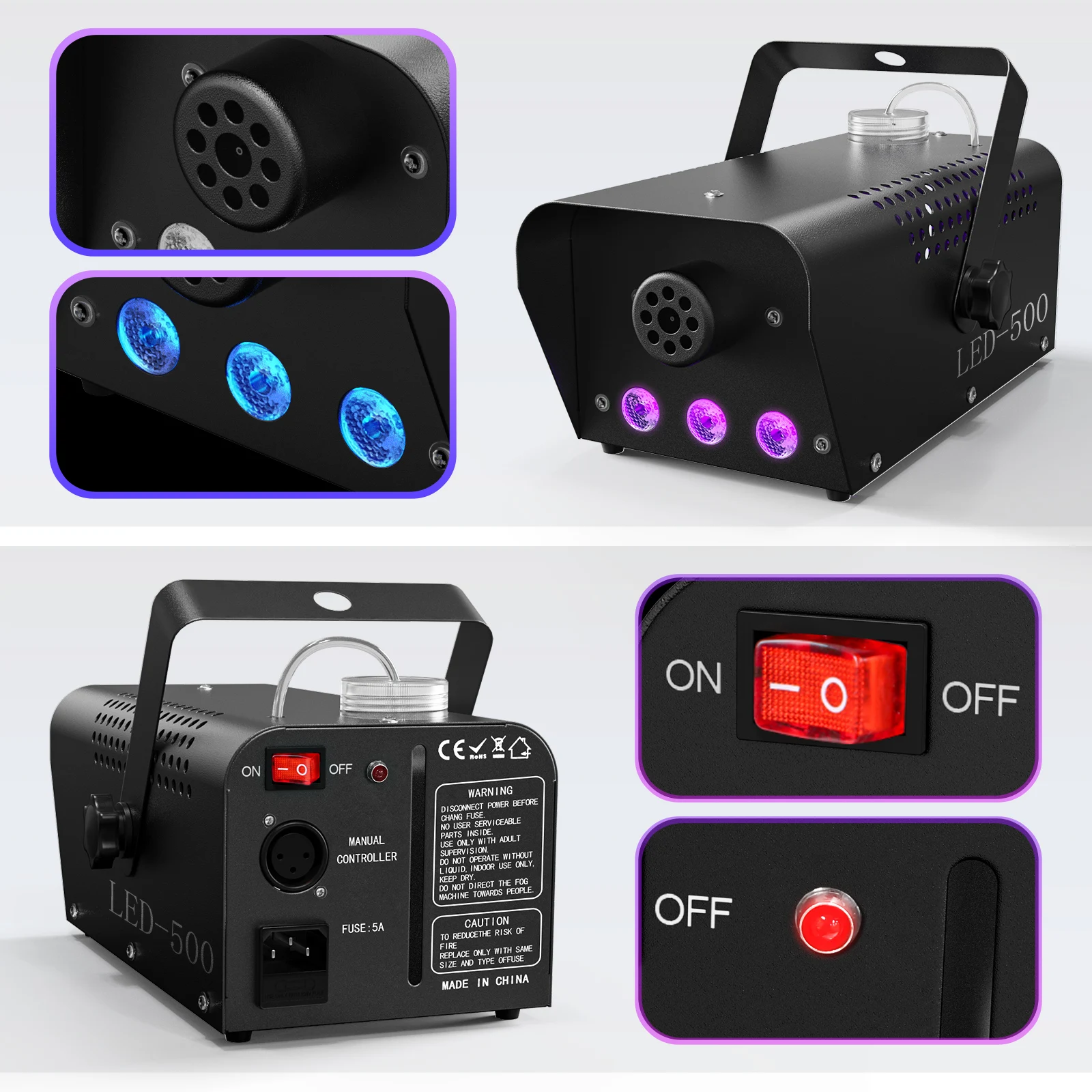 Mini 500W RGB Smoke Machine Wedding Smoke Fog Machine Parties Club Remote Fog Ejector for Wedding Party Concert Stage Effects