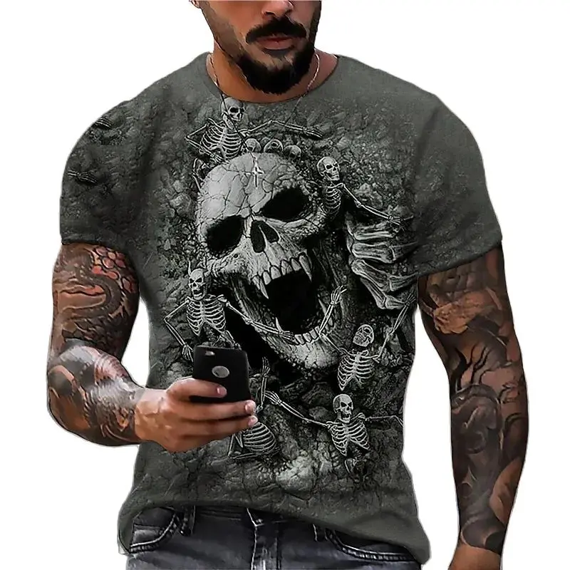 

Summer Men's Short Sleeve Death Skull Print T-shirt Horror Harajuku Top Trend Casual Round Neck T-shirt Retro Large