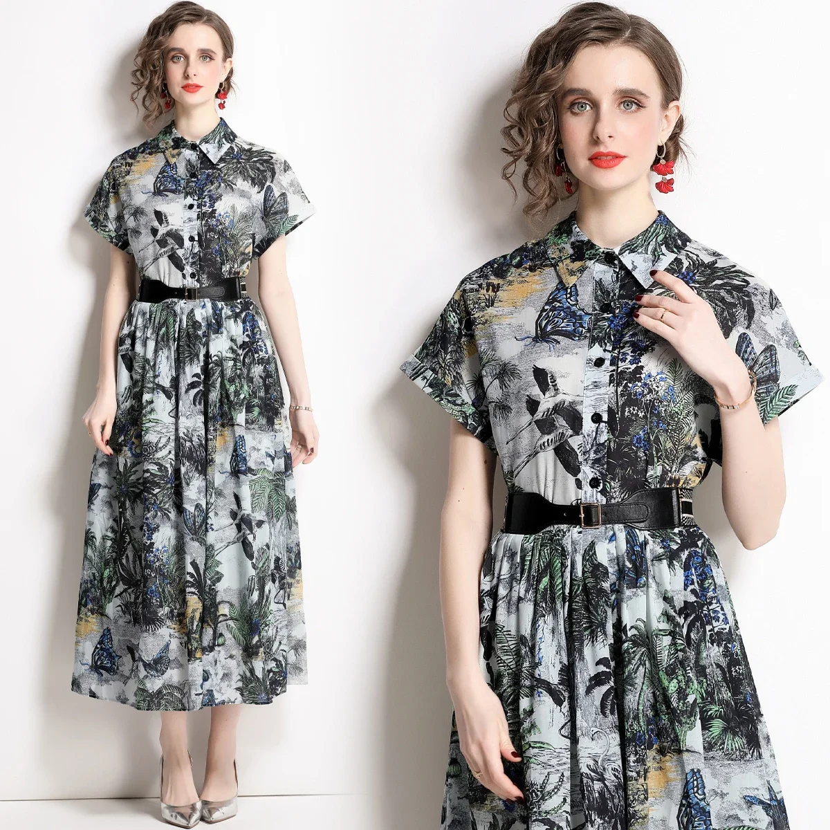 

2024 Summer Women's Flower Print Lapel Animal Print Waist Short Sleeve Dress with Belt
