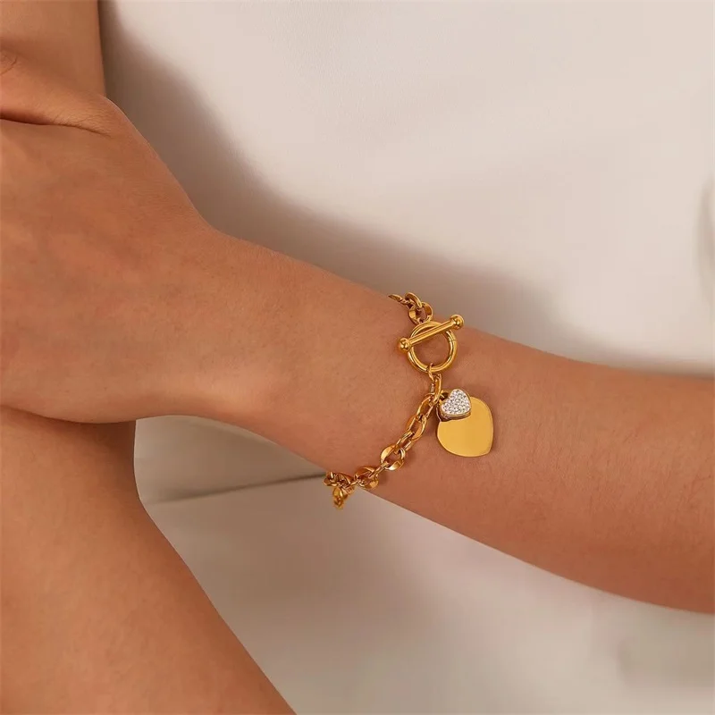 GANPUP 316L Edelstahl Doppel Herzen Strass Charms Armband für Frauen Textur Trendy Handgelenk Kette Schmuck Bijoux Femme – Detail 4