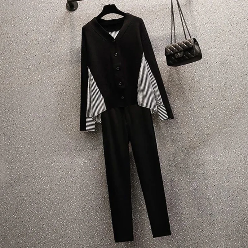 Black Long Sleeve Striped Patchwork Top Casual Solid Pencil Pants 2-piece Set Fashion Women New In Clothes Casual Fashion Trend