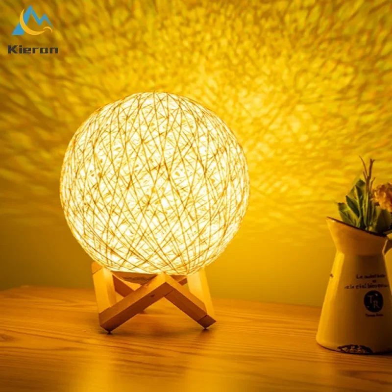 LED 테이블 램프 침실 스터디 침대 옆 원목 책상 램프 거실 장식 볼 플로어 램프 모던 미니멀리즘 라탄 볼